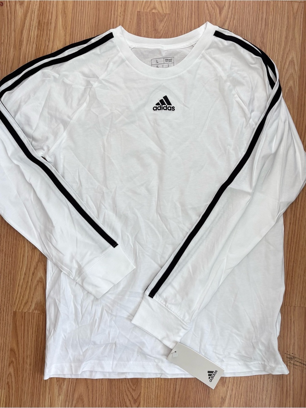 adidas boys White Long Sleeve Tee with Black Shoulder Stripes size L (14/16)